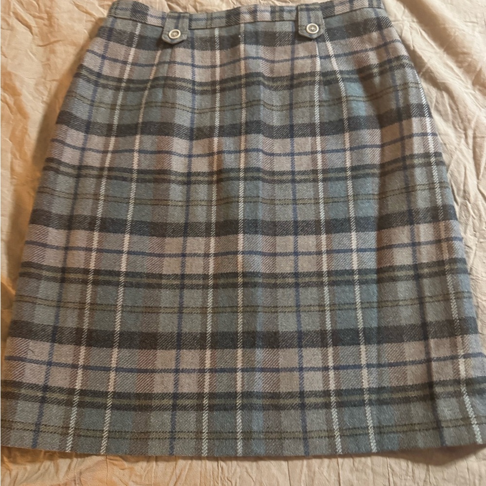 Vintage Chic Plaid A-Line Wool Blend Skirt in Blue and Gray